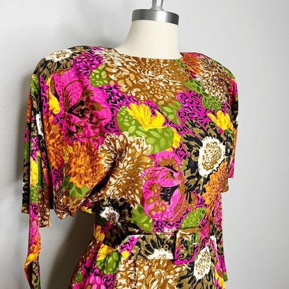 Vintage 80s GILLIAN Floral Silk Jacquard Dolman Ruffled Skirt DRESS Size S - Picture 3 of 11